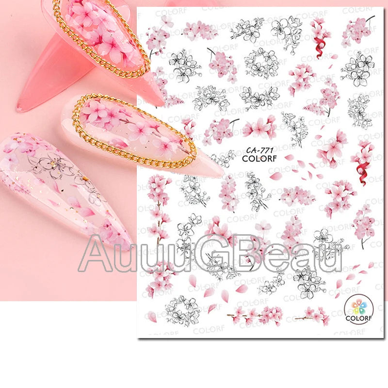 3d Nails Art Decals Spring Fruits Pink Full Tips Peony Magnolia Flowers Adhesive Sliders Stickers Decoration For Nails Manicure