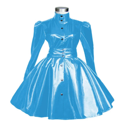 Plus Size Sweet Girl Mini Dress PVC Leather High Neck Button Pleated  A-line Dress Preppy Style Back Zipper Long Sleeve Dress