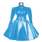Plus Size Sweet Girl Mini Dress PVC Leather High Neck Button Pleated  A-line Dress Preppy Style Back Zipper Long Sleeve Dress