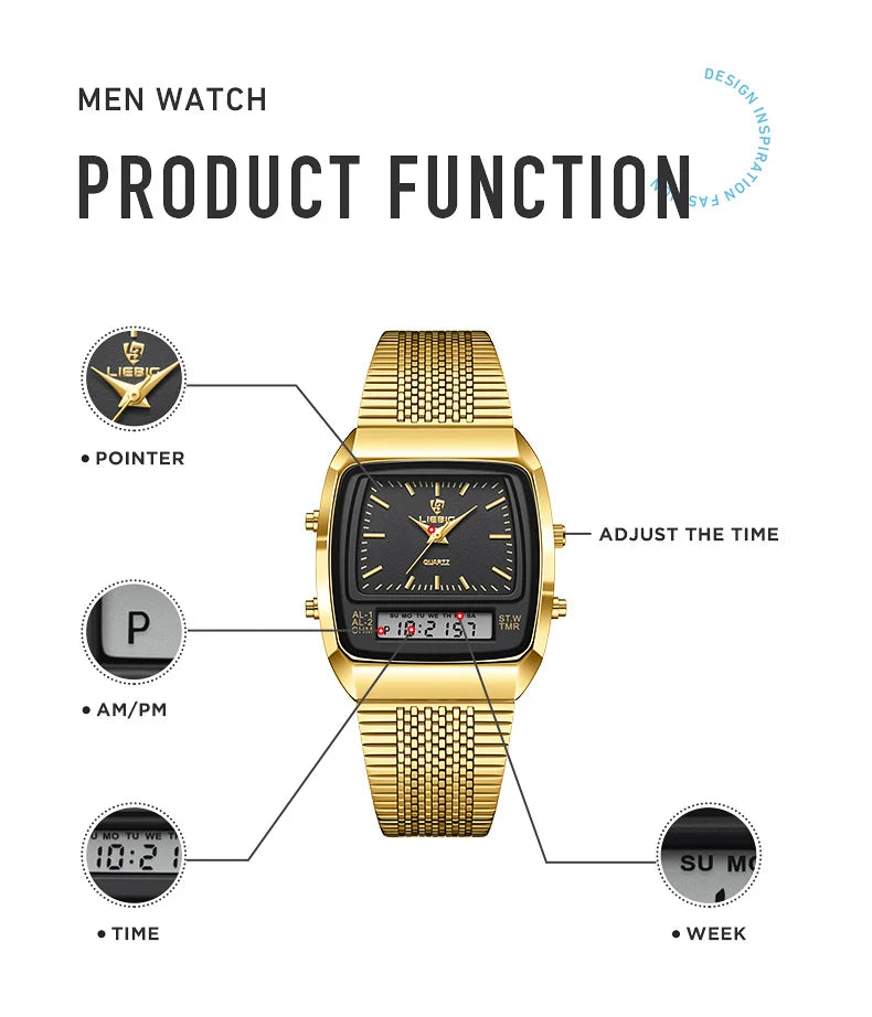 New Fashion Casual Watch Men Digital Dual Time Week Gold Sport 3bar Waterproof Quartz Wristwatches Clock relogio masculino L1030