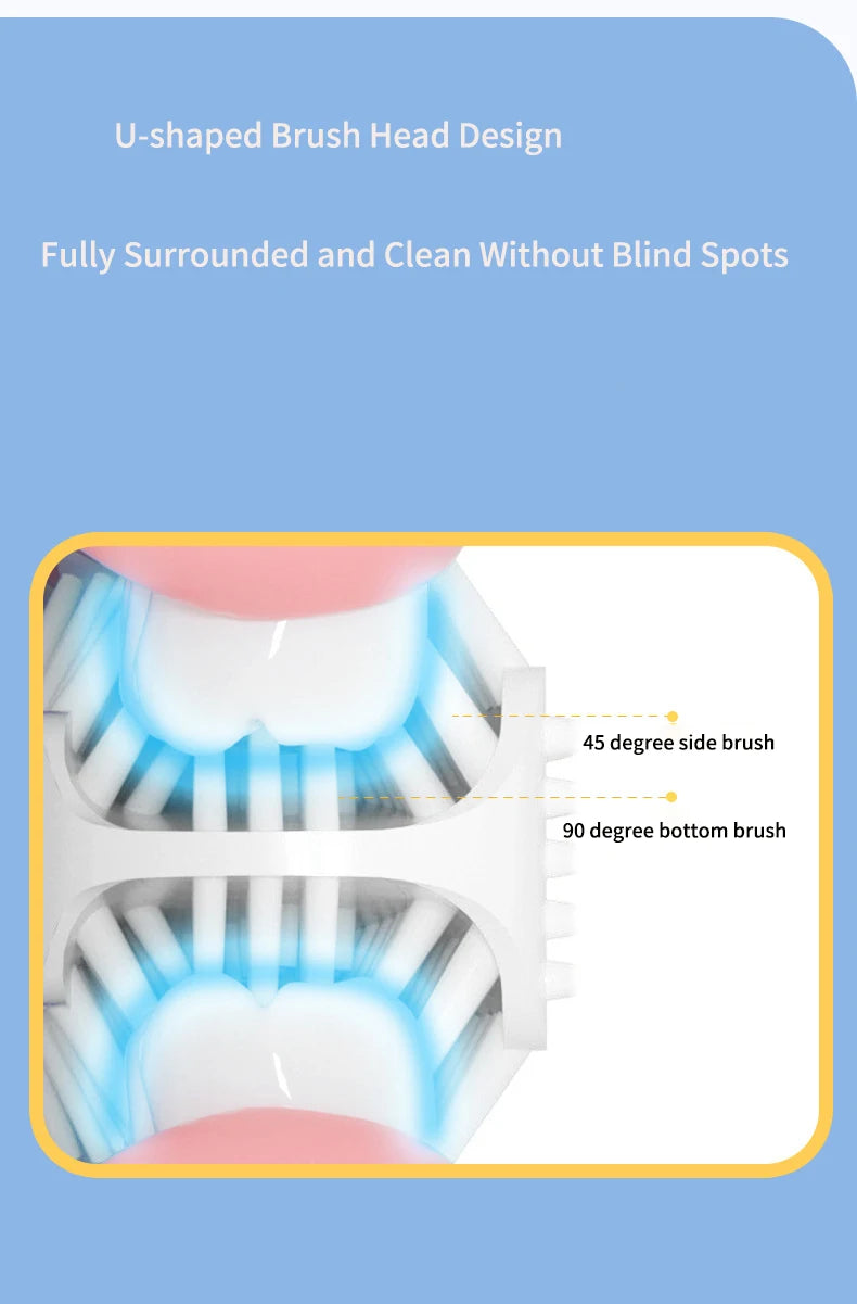 360° Sonic Electric Toothbrush U Shape Rechargeable for Kids Children Automatic Silicone Tooth Brush Smart Timer Blue Light IPX7