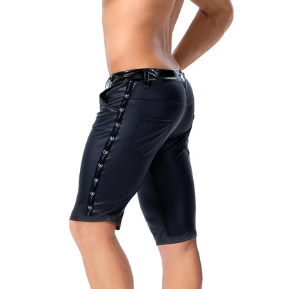 Mens Faux Leather Shorts Pants Patchwork Side Button Pocket Casual Pencil Trousers Party Clubwear Stage Pants Streetwear 2XL