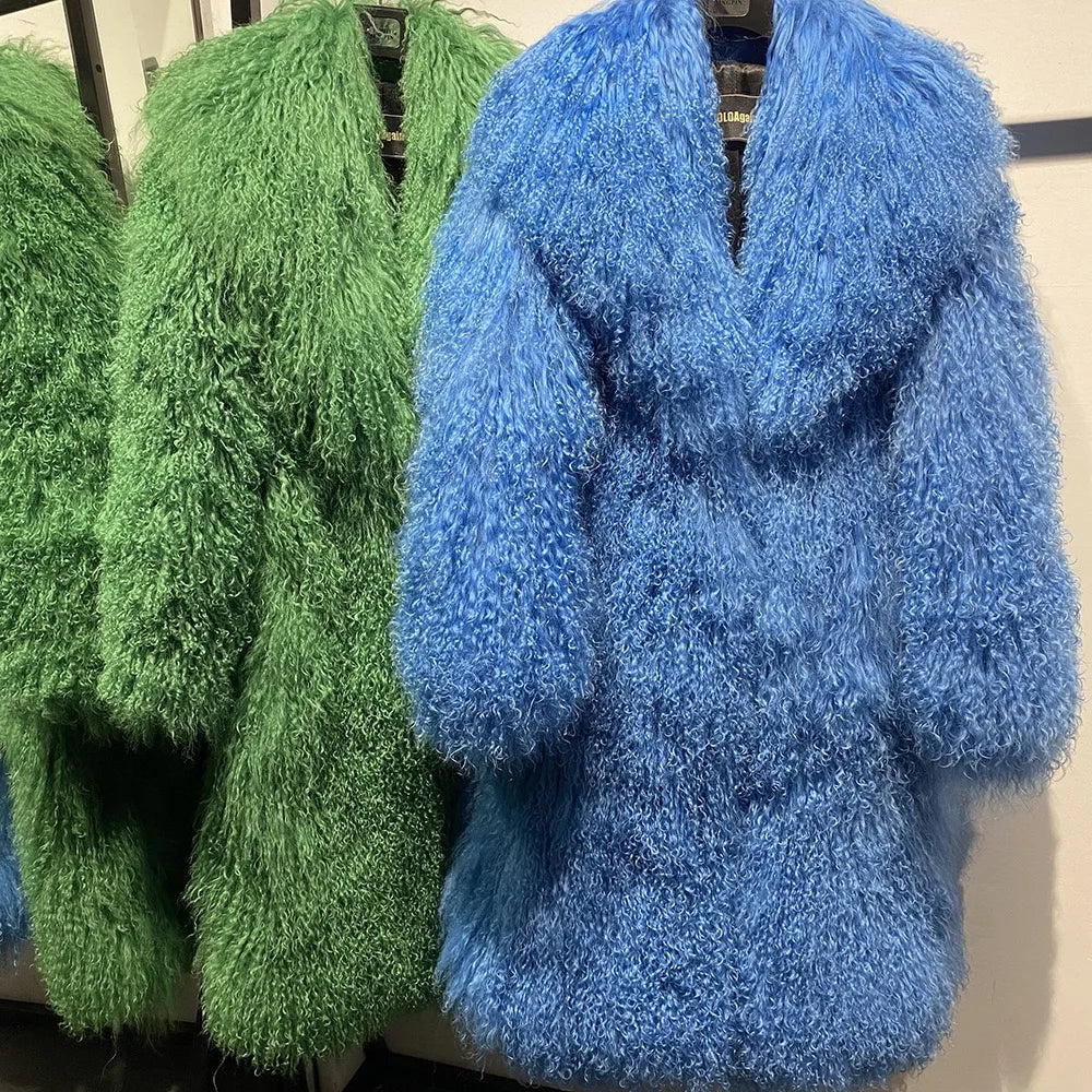 Mongolia Sheep Fur New Brand Real Fur Long Genuine Fur Coat Mongolia Sheep Fur Long Sleeves Women's Warm Jacket