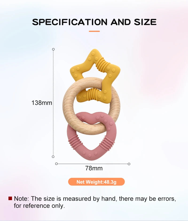 Silicone Star and Heart Teether with Teething Wooden Ring Baby Rattle Toy