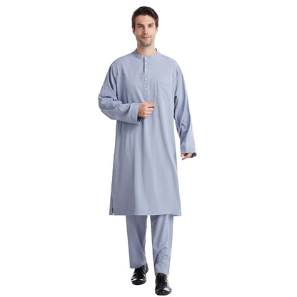 Muslim Men Jubba Thobe 2 Pice Set Top with Pant Mens Abaya Long Islamic Eid 2025 Ramadan Long Robe Saudi Wear Caftan Dubai Arab