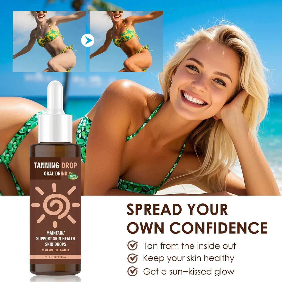 Vegan Sugar-Free Tanning Drink 60ml Natural Oral Drops Watermelon Flavor Sun-Kissed Glow Boost from Within Skin Care