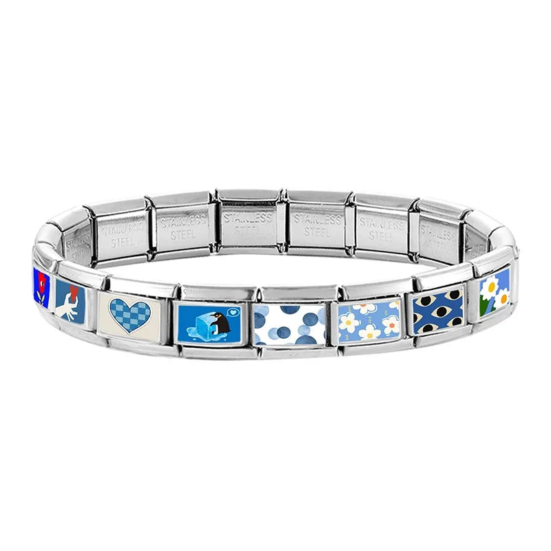 Fashion Blue NO.8 Ball Panda Elephant Cat Flower Italian Charms Fit 9mm Stainless Steel Women Fashion Bracelet DIY Jewelry Gifts