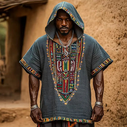Ethnic Men's Summer Sleeveless linen Casual Pullover Hoodie Top 2025 Vintage Print V-neck Trendy Perspective Hoodie Sweatshirt