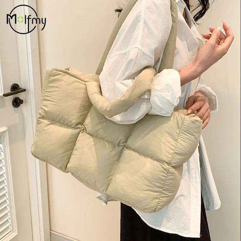 Women Tote Handbags Quilted Plaid Bag Retro Trendy Checkered Waterproof Shoulder Bag Solid Color Winter Soft Large Capacity Bags
