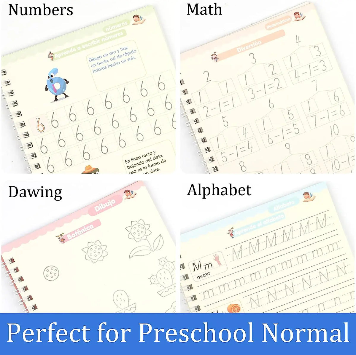 4 Books Spanish Montessori Magic Practice Copybook Set Reusable Handwriting Tracing Workbook Alphabet Number Math Drawing