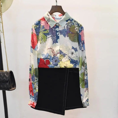 Blue Floral Print Vintage Polo-Neck Single Breasted Long Sleeve Women's Blouse Shirt Casual Female Clothing Tops Fashion 2024