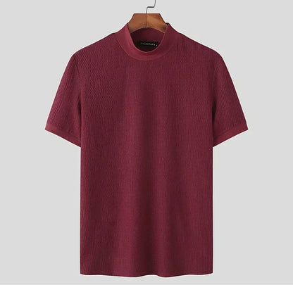 Summer New Casual Simple Knitted Base Shirt European and American Men's High Neck Water Ripple Solid Color T-Shirt