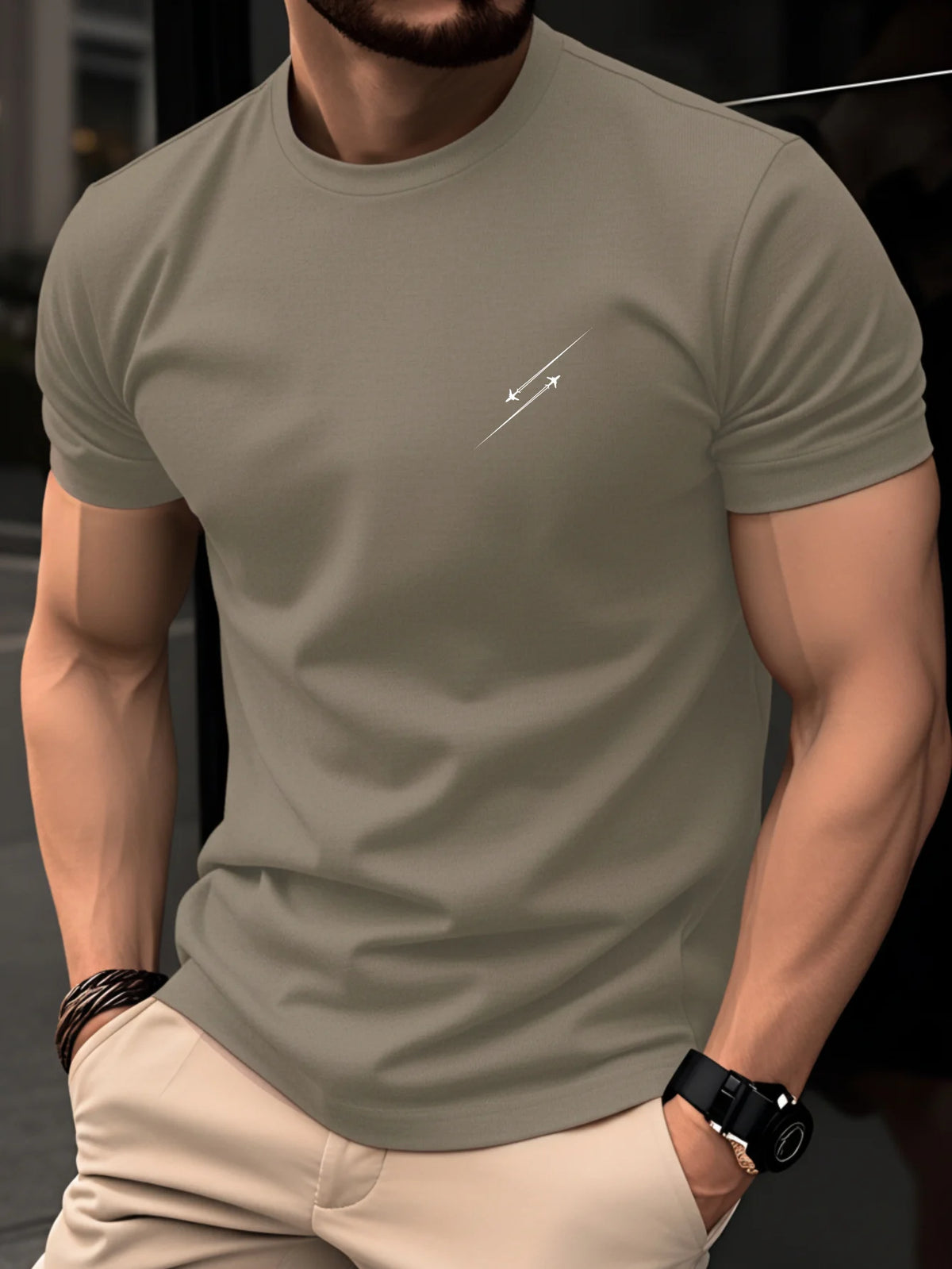 Summer men's 100% pure cotton casual fashionable loose retro compass mountain pattern printed round neck short sleeved T-shirt
