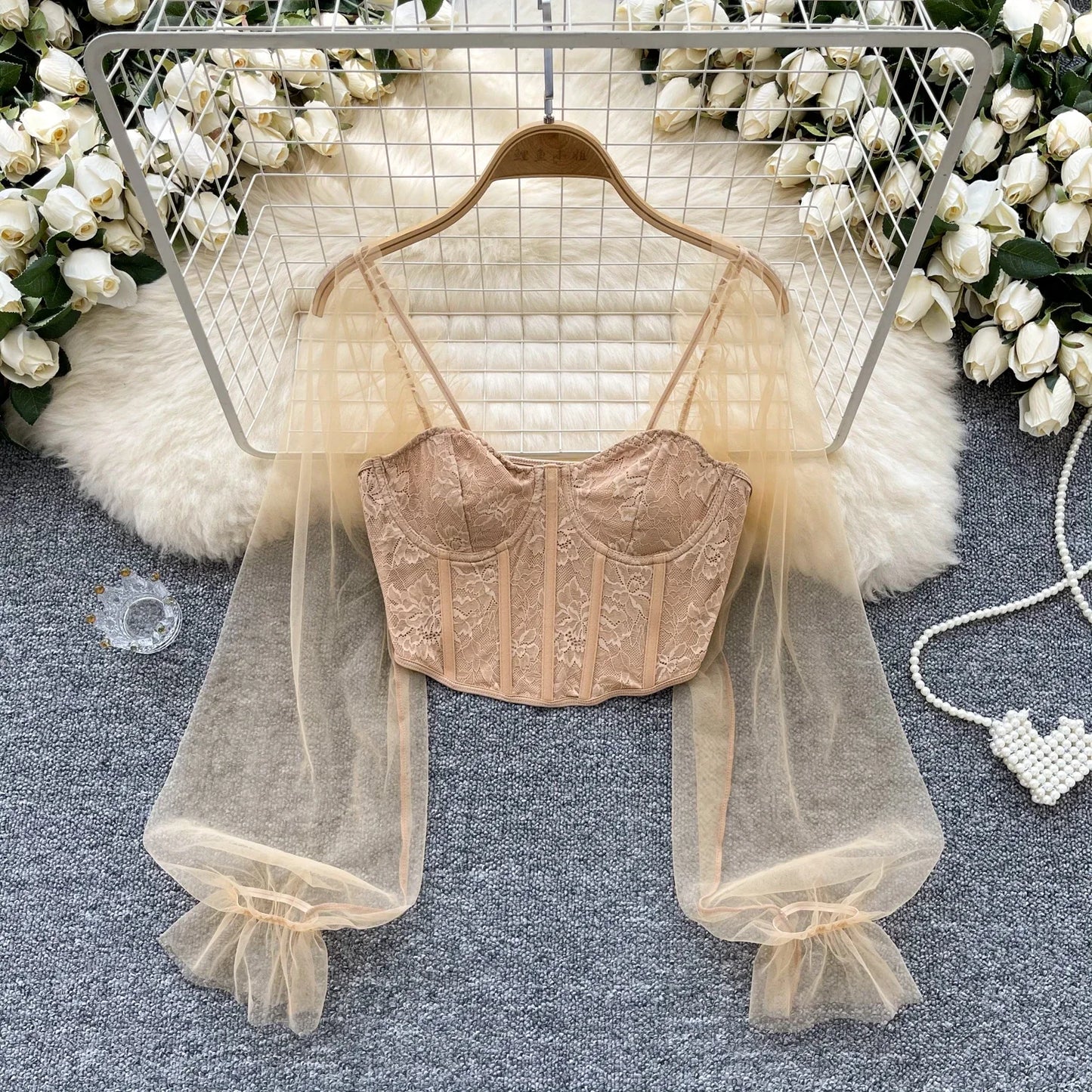 Women Chic Lace Mesh Sheer  Long Sleeve Backless Crop Top Solid Slim Sexy Korean Fashion Summer Women Shirt Square Collar
