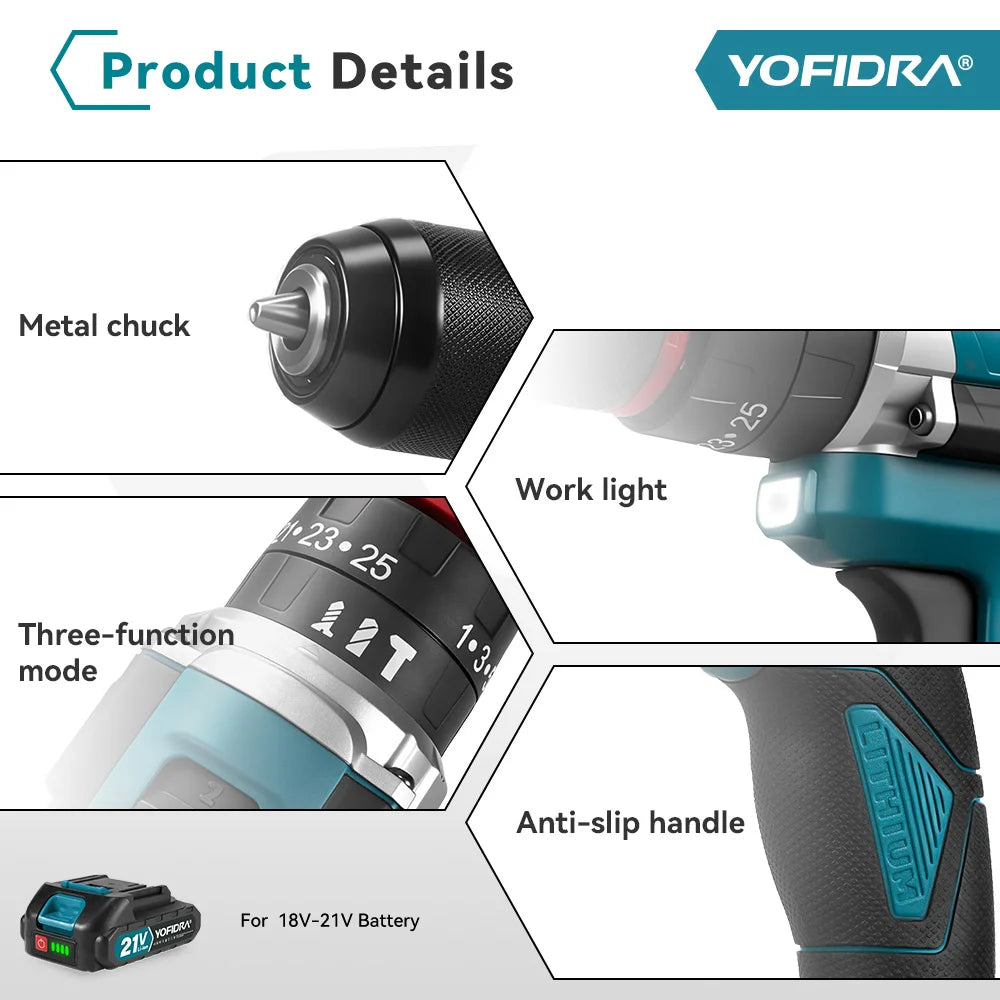 YOFIDRA 3 IN 1 25+3 Torque Electric Impact Drill  Handheld Cordless Impact Drill Woodworking Power Tool For Makita Battery Pin