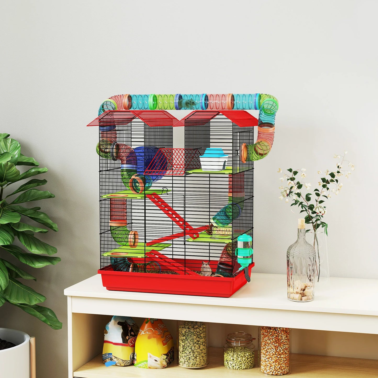 Pawut Cage for Hamster Mouse small animal rodent with Tunnel feeder wheel toy 47x30x59 cm red