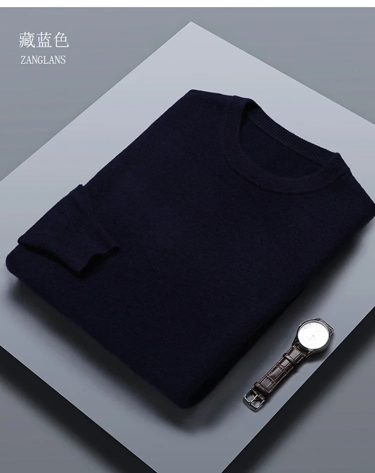 Classic Solid Color Men's O-neck Sweater Autumn Winter 100% Merino Wool Knitted Pullover Long Sleeve Warm Loose Casual Men Tops