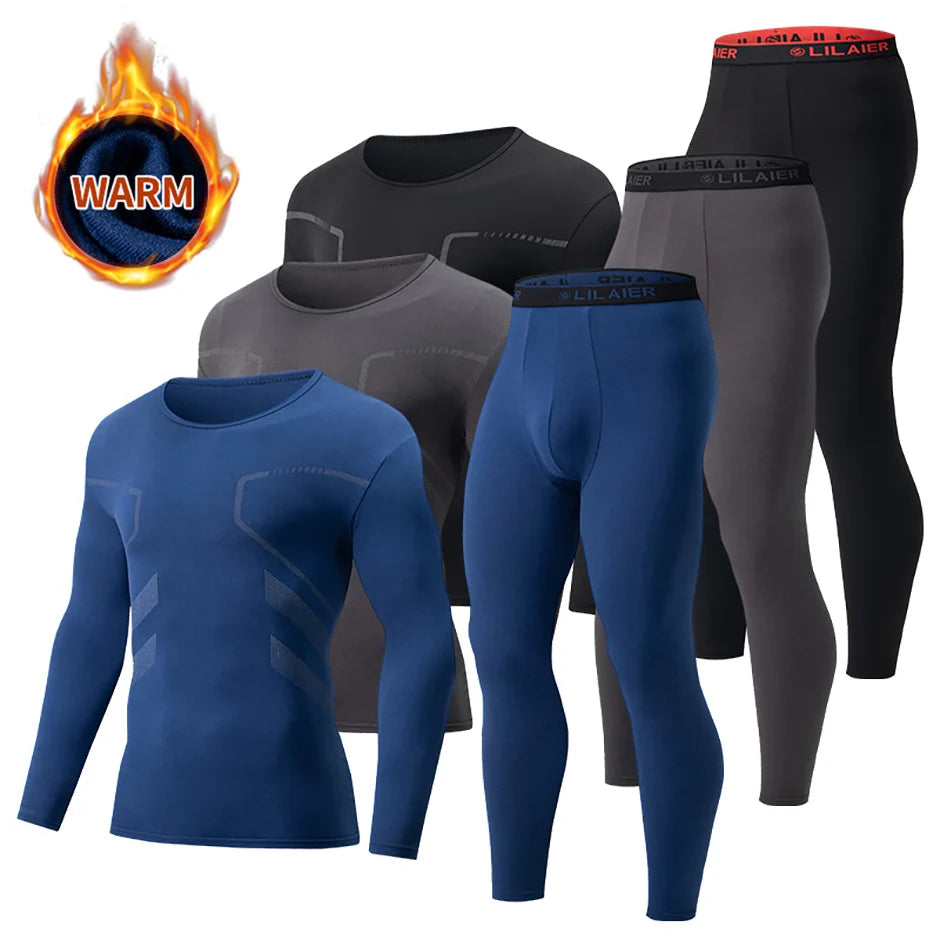 2-piece Men's Autumn And Winter Solid Color Round Neck Fashionable Printed Sports Thermal Underwear Set Simple And Comfortable