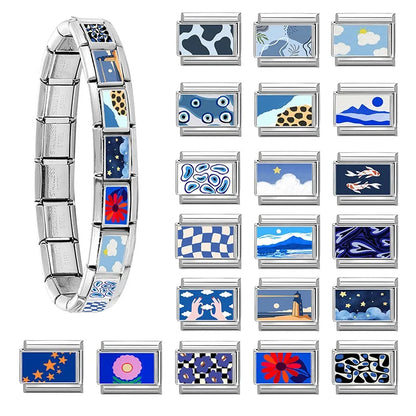 Fashion Blue NO.8 Ball Panda Elephant Cat Flower Italian Charms Fit 9mm Stainless Steel Women Fashion Bracelet DIY Jewelry Gifts