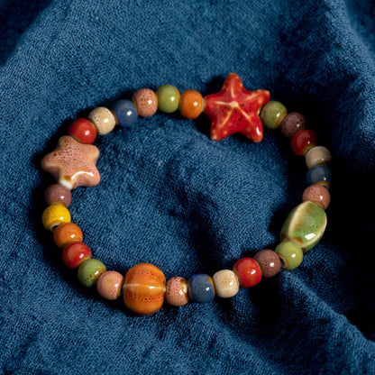 Handmade Colorful Starfish & Seashell Ceramic Beaded Bracelet Boho Beach Jewelry Elastic Wristband for Women & Teens S001186
