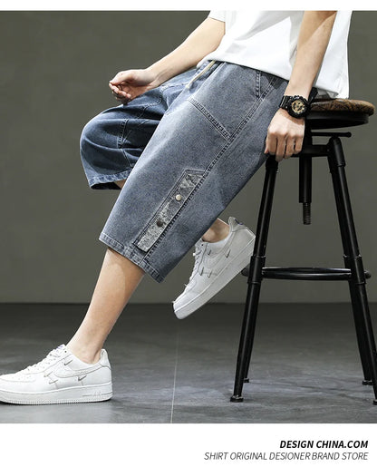 Korean Style Men's Long Shorts 3/4 Length Denim Bermuda Male Big Plus Large Size Jeans Fashion Below Knee Streetwear Loose Baggy