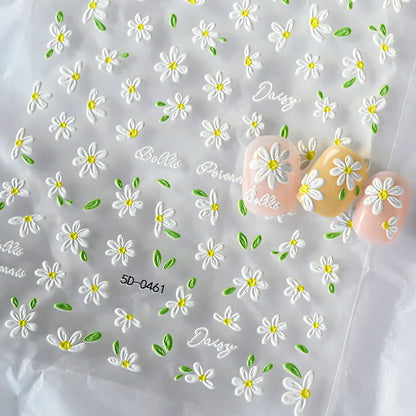 2pcs 5D White Daisy Design Nail Art Stickers Embossed Daisy Floret Green Leaf Nail Art Decals DIY Spring Summer Decor Stickers