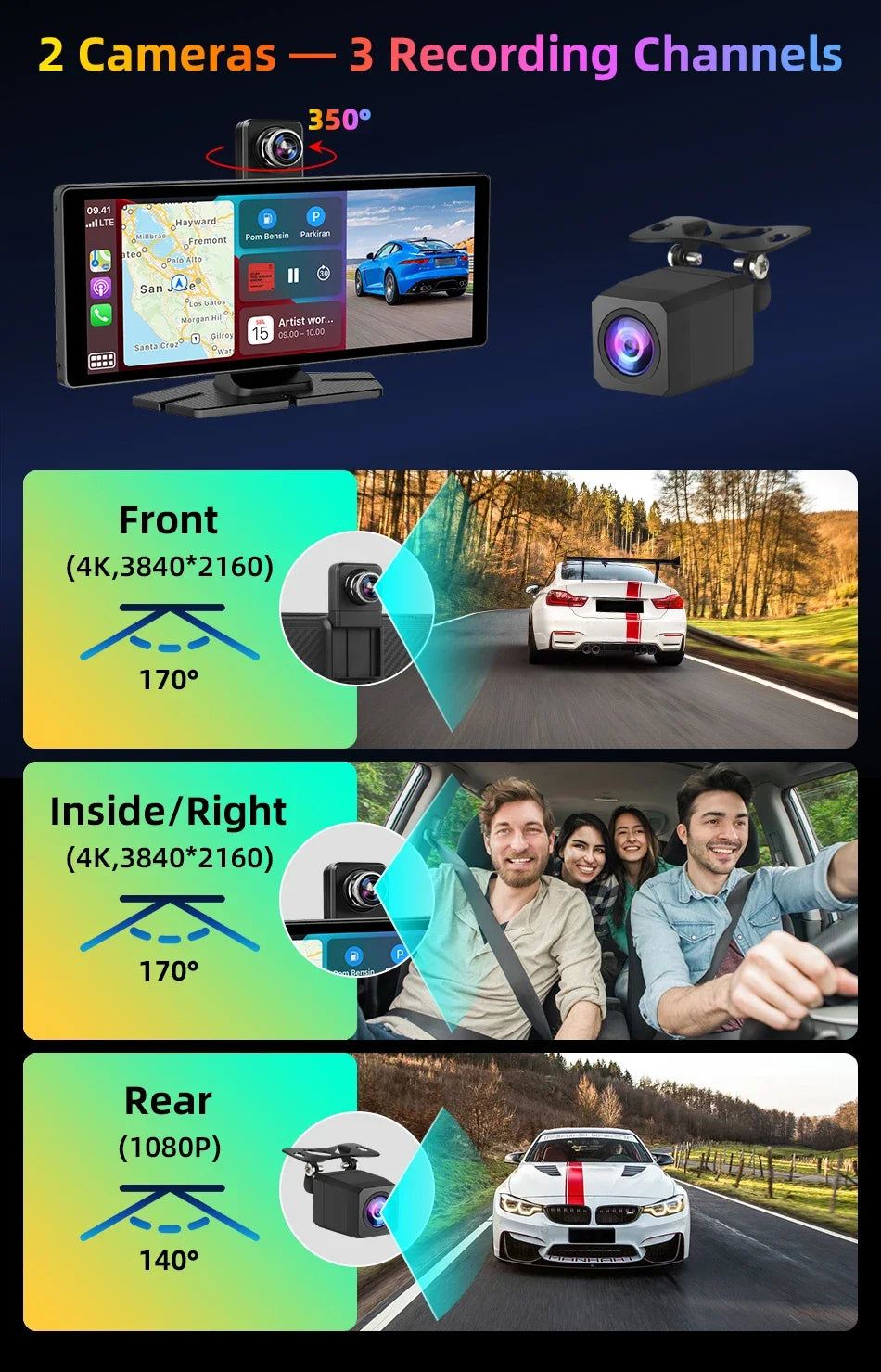 7"/10.26" 4K Dash Cam Wireless Carplay Android Auto 350° Rotating Lens Car DVR GPS Navigation Dashboard Video Recorder Bluetooth