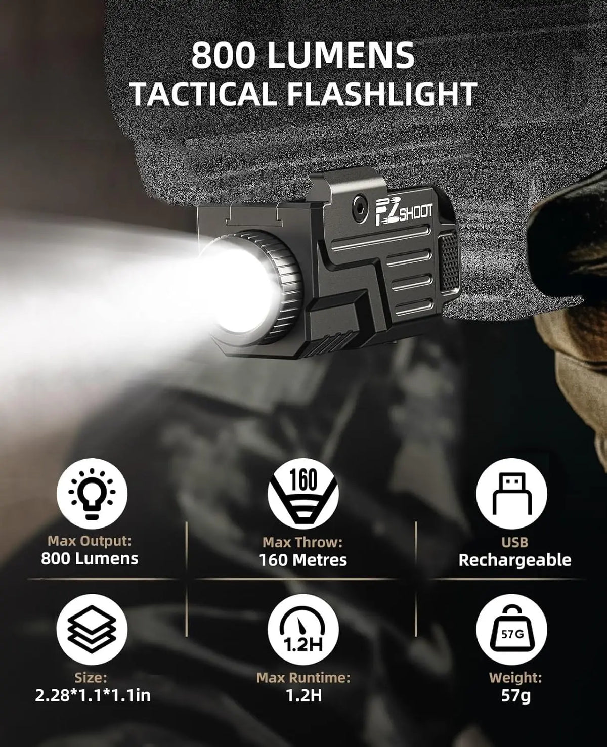 EZshoot Tactical Flashlight Compact LED Light Compatible with Picatinny and GL Rails Rechargeable & Strobe for Pistol Hunting