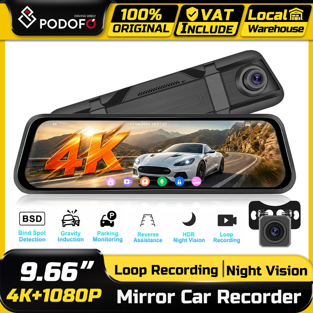 Podofo 4K Dashcam 9.66'' Mirror Dash Car Camera Rear Camera  Video Recorder Night Vision Loop Recording G Sensor 24H Parking Monitoring