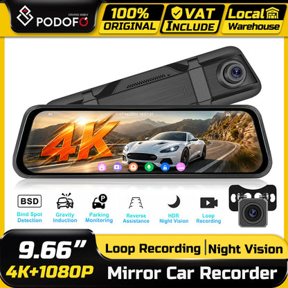 Podofo 4K Dashcam 9.66'' Mirror Dash Car Camera Rear Camera  Video Recorder Night Vision Loop Recording G Sensor 24H Parking Monitoring