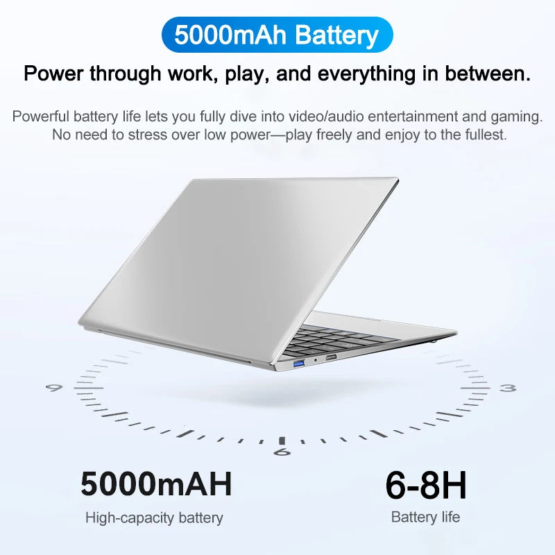 Lightweight 15.6" Laptop Intel 6500Y 32GB RAM 2TB SSD 5000mAh Windows 11 Backlit Keyboard Fingerprint for Business & Gaming