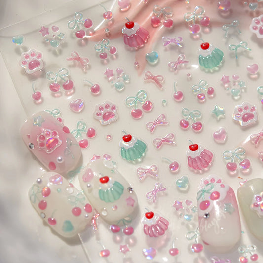 5D Pudding Jelly Dessert Fruit Cherry Pink Claw Print Bowknot Tie knot Love Heart Stars Nail Art Sticker Adhesive Manicure Decal