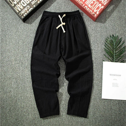 Streetwear Men Cotton Trousers Casual Solid Color Long Pants Breathable Drawstring Straight Pants Harem Pants Men Baggy Pants