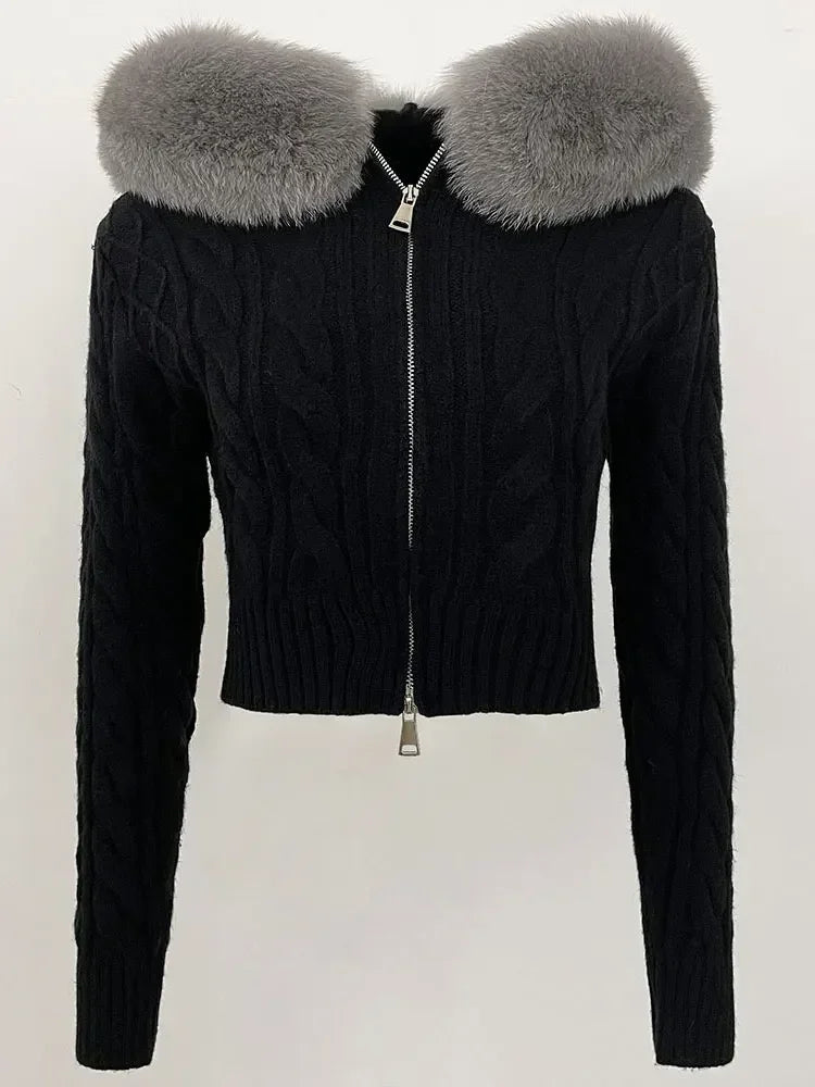 Fashion Natural Fox Fur Collar with Knitted Sweater Women Casual Sweater 2025 New Spring Autumn Slim Fit Elastic Oversized Coat