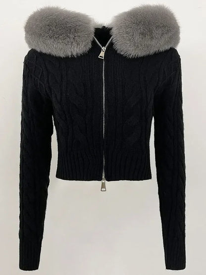 Fashion Natural Fox Fur Collar with Knitted Sweater Women Casual Sweater 2025 New Spring Autumn Slim Fit Elastic Oversized Coat