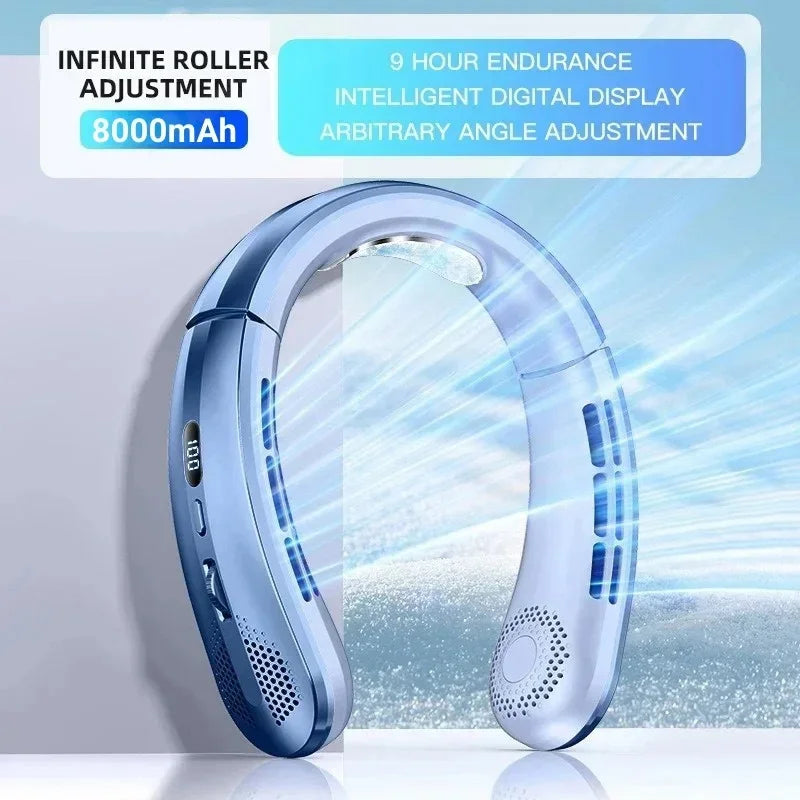 Mini New USB Hanging Neck Fan 8000mAh Rechargeable Bladeless Portable Mute LED Digital Display Electric Fans Air Cooler