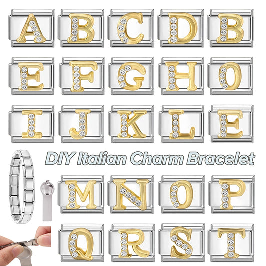 New Girls Italian Bracelet 26 English Letters Charm Stainless Steel Bangle Gold Color Inlaid Zirconia DIY Making Jewelry Gifts