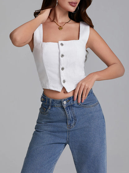 Summer Denim Tank Tops Women Slim Fit Square Neck Backless Back Shirred Sleeveless Button Down Crop Tops for Party Club Night