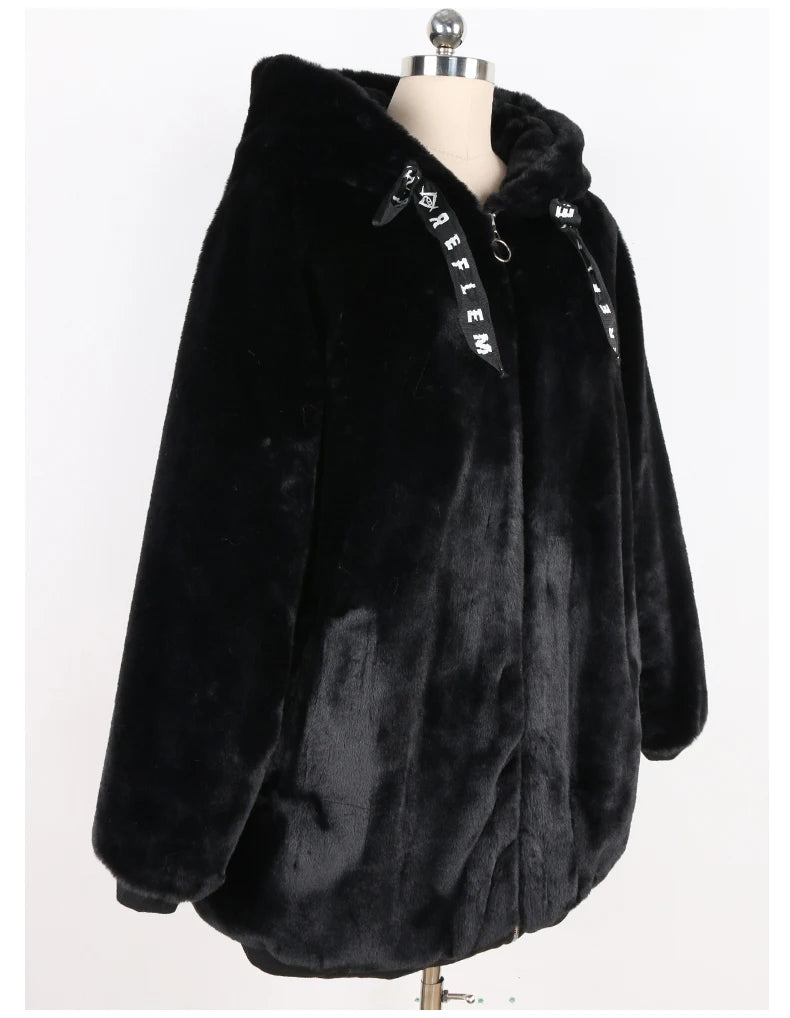 Nerazzurri Autumn Winter Sweet Cute Kawaii Soft Thick Warm Faux Fur Coat Women with Bunny Ears Cute Fluffy Jacket Hoodie 2024