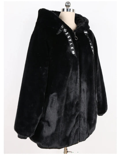 Nerazzurri Autumn Winter Sweet Cute Kawaii Soft Thick Warm Faux Fur Coat Women with Bunny Ears Cute Fluffy Jacket Hoodie 2024