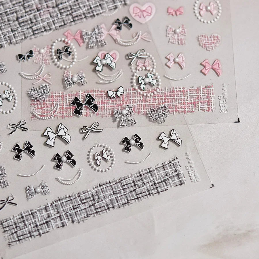 5D Pink White Black Bowknot Ribbon Pearl Sweet Bow Nail Sticker Adhesive Nail Art Decoration Parts Stickers Manicure Decals