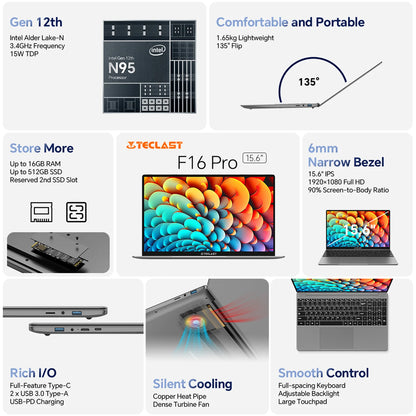 Teclast F16Pro Laptop 15.6 Inches, Backlit Keyboard, for Intel N95, 16Gb Ram 512Gb Rom, 1920X1200 Fhd Ips, Compatible with Mini-Hdmi