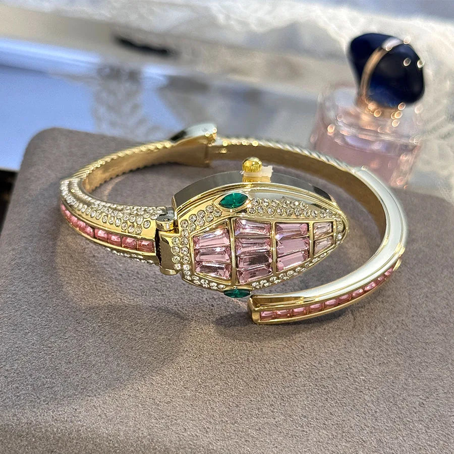 LuxuryDiamondEmbedded Fashionable Snake-Shape Bracelet Watch for Women Elegant Open Handbag Stylish European And American Design
