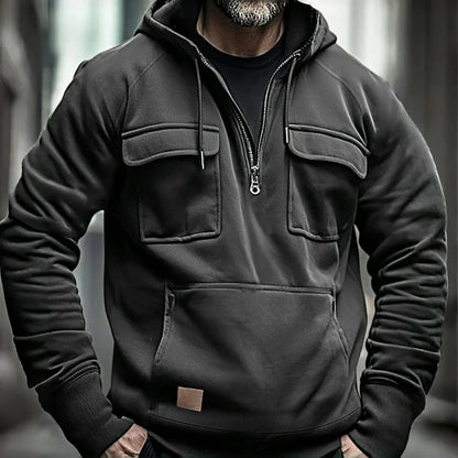 Men's Casual Sports Hooded Sweatshirt New Style Outdoor Thick Fashionable Loose Long-Sleeved Pullover with Multiple Pockets