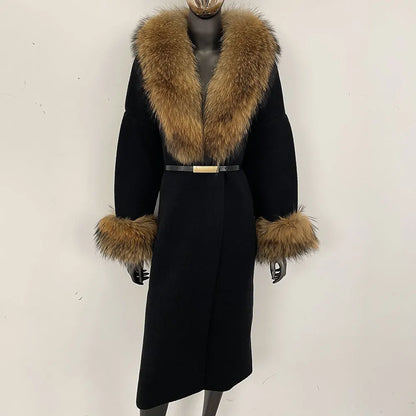 Long Knitwear Coat Women Warm Belt Real Fox Fur Jacket Female 2024 New Autumn Winter Kintted Natural Fur Coat Women