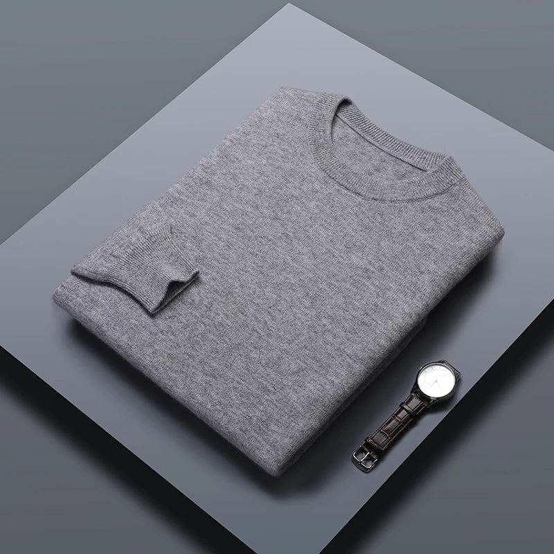 Classic Solid Color Men's O-neck Sweater Autumn Winter 100% Merino Wool Knitted Pullover Long Sleeve Warm Loose Casual Men Tops