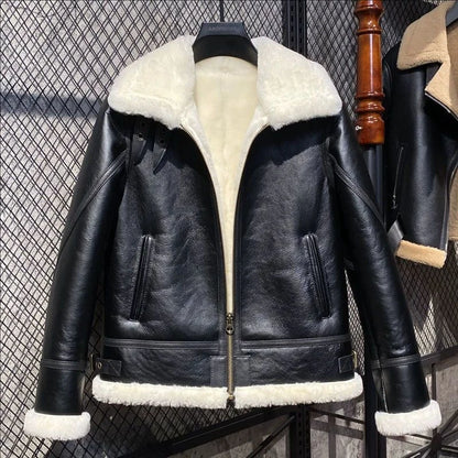 CC SHop Best.Guarantee Genuine leather jacket with fur.Winter warm women 100% shearling coat.Street sheepskin with wool jackets