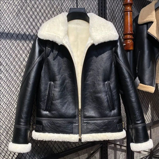 CC SHop Best.Guarantee Genuine leather jacket with fur.Winter warm women 100% shearling coat.Street sheepskin with wool jackets