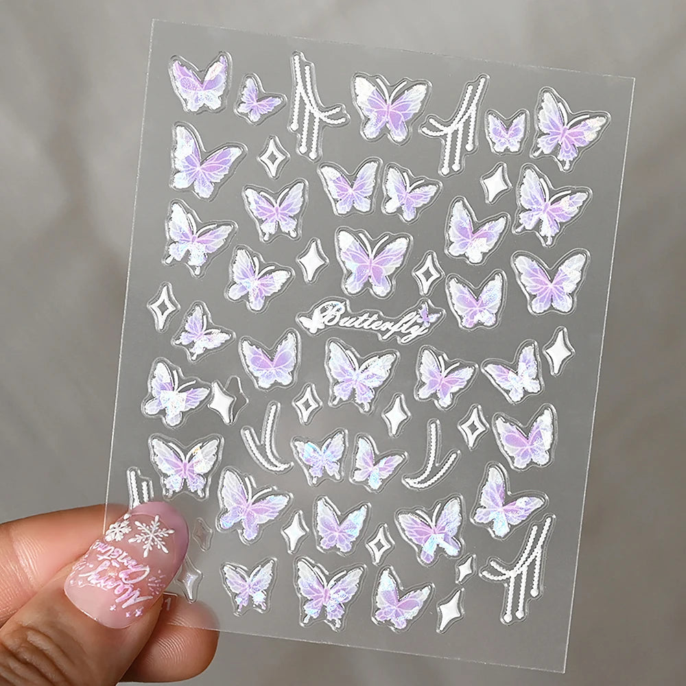 5D Hibiscus Flower Nail Embossed Sticker Acrylic Pink White Gold Petal Leaf Adhesive Decal Butterfly Dragon Floral Elegant Decor