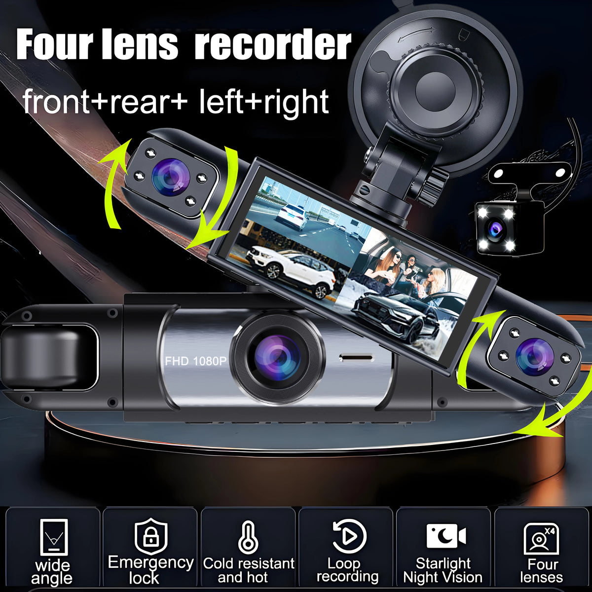 Dash Cam Vehicle DVR Video Recorder 4 Cameras for Cars Black Box Front Rear Internal Night Vision Loop Recording Dashcam Car 360